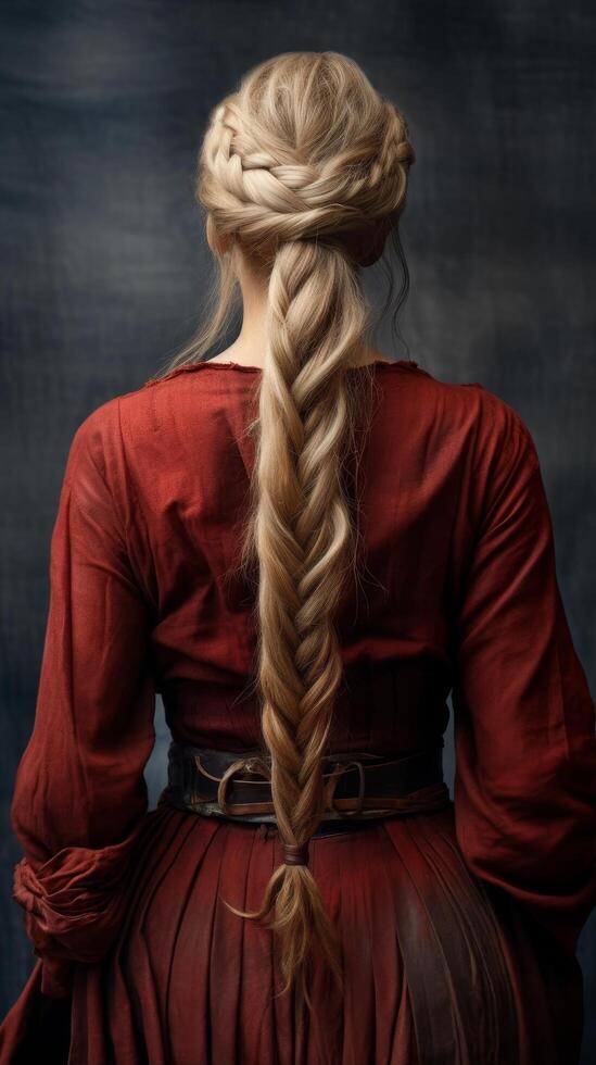 Elegant woman with braided hairstyle wearing red dress photo