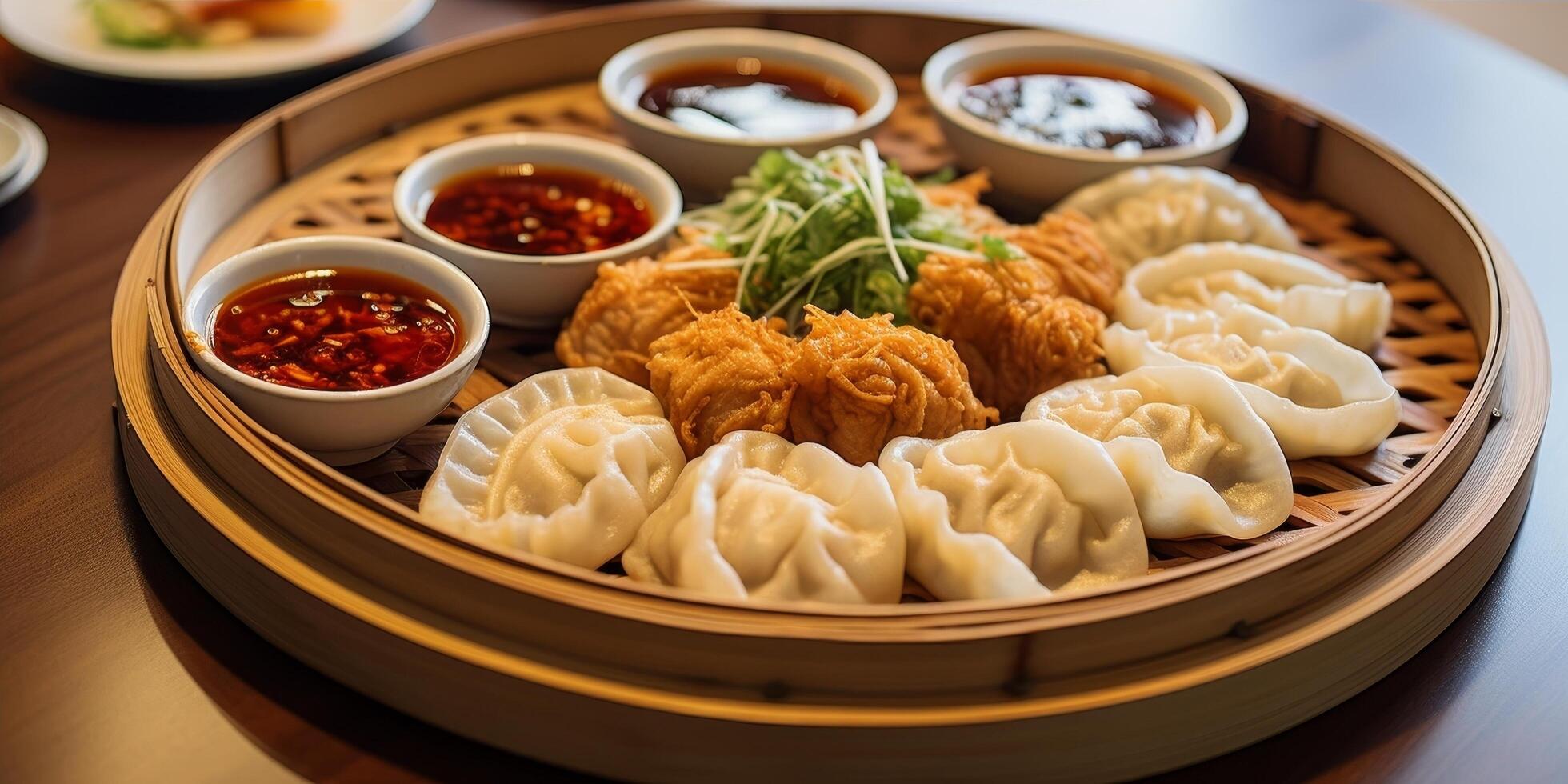 Assortment of asian dumplings and fried chicken with dipping sauces photo