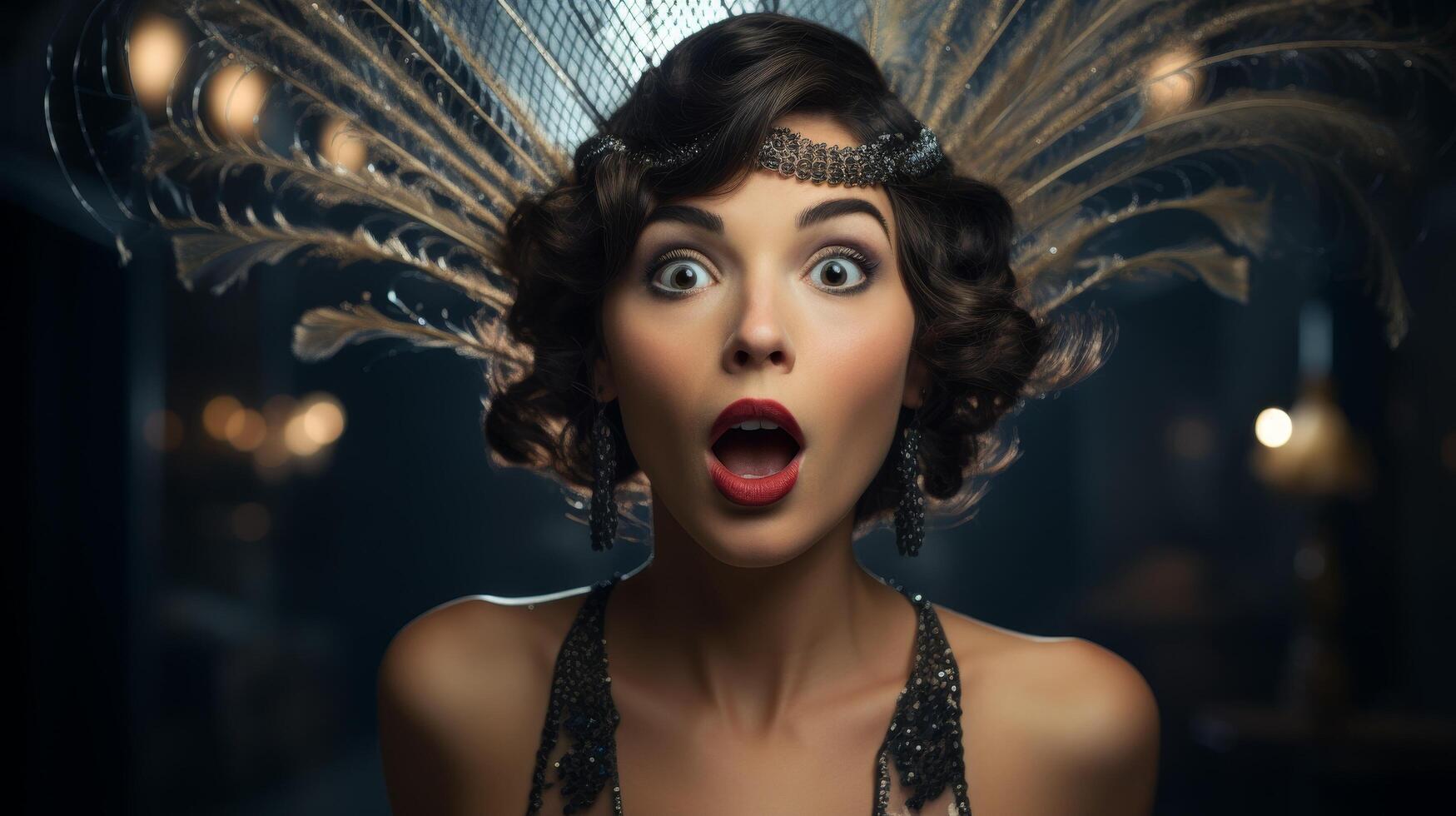 Surprised woman with dramatic makeup and feathered headpiece photo