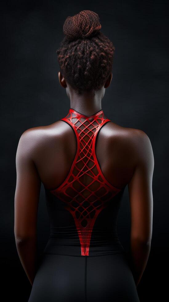 Striking back view of a person wearing a red criss cross harness top photo
