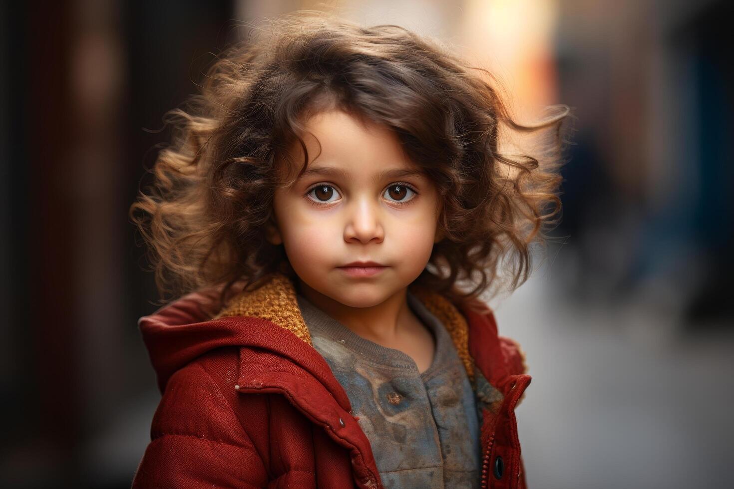 Curly haired child in red jacket photo