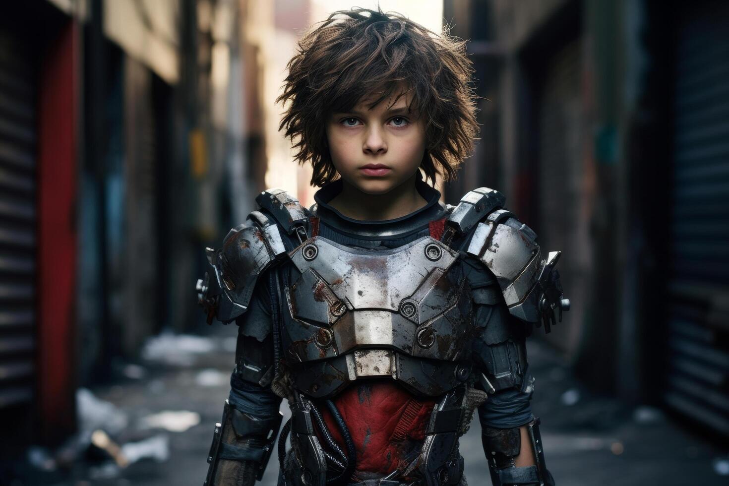 futuristic warrior child in dystopian city photo