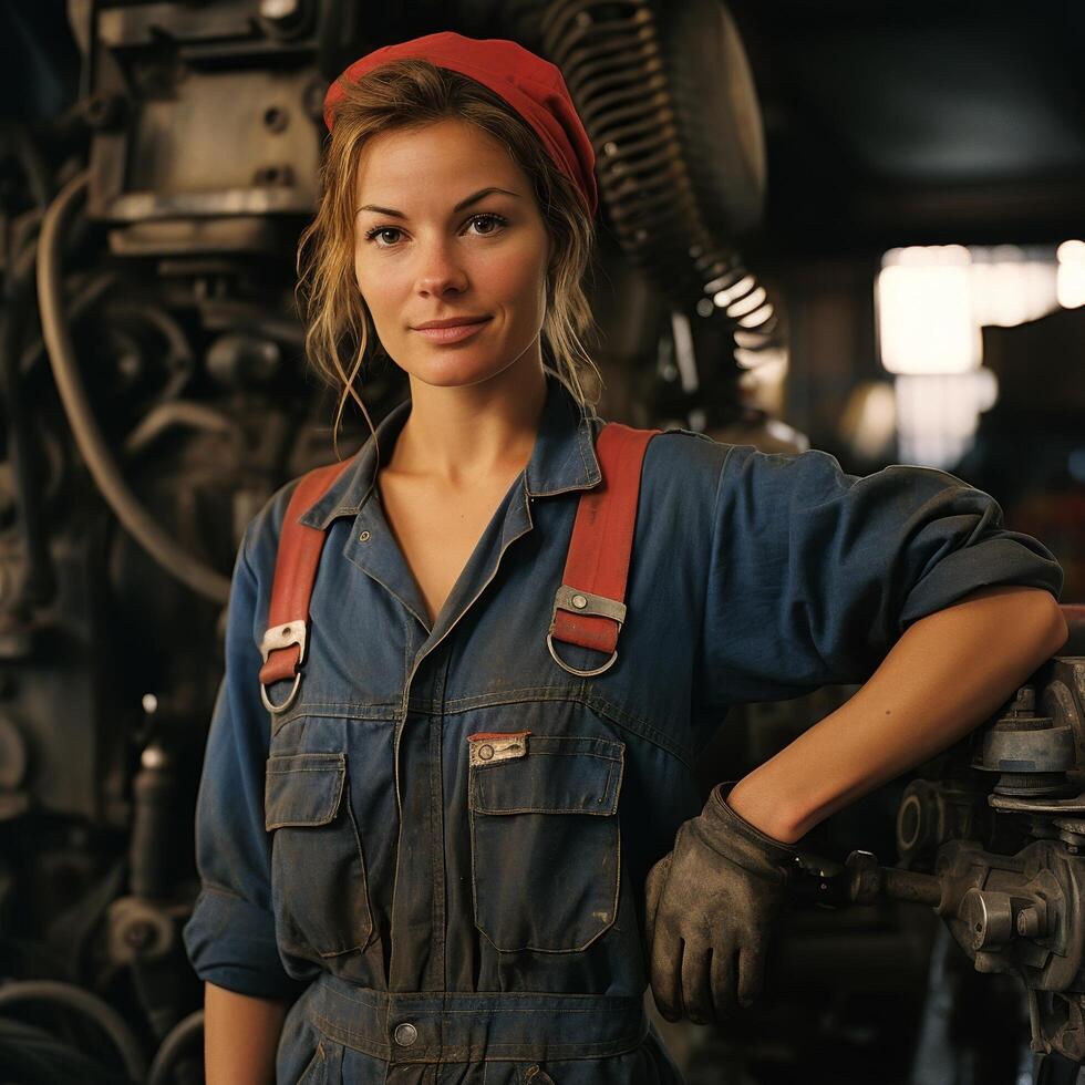Confident female mechanic in work uniform photo