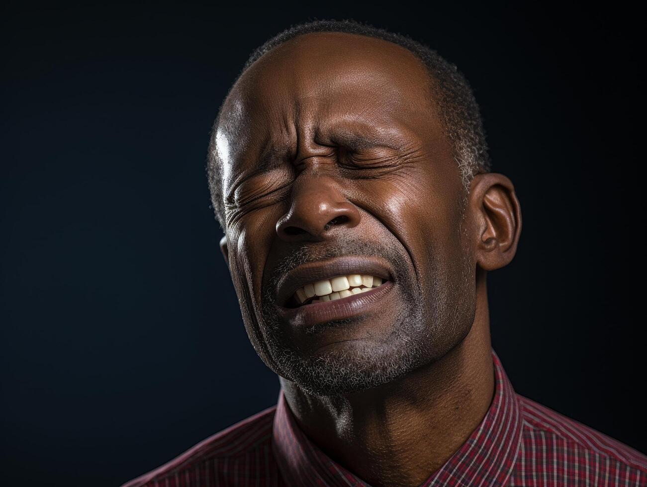 Closeup of an expressive african man with eyes closed and teeth showing in a big smile photo