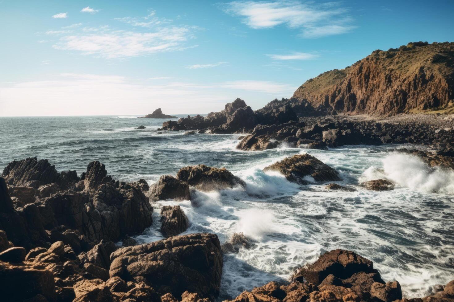 Dramatic rocky coastline with crashing waves photo