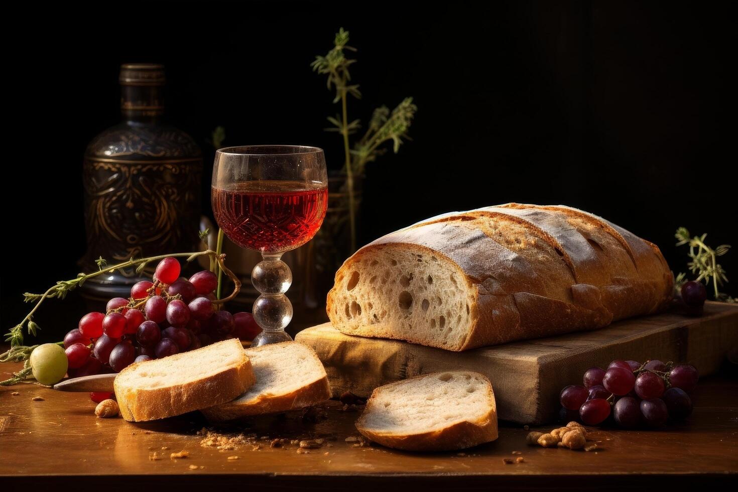 Rustic bread, grapes, and wine on wooden table photo