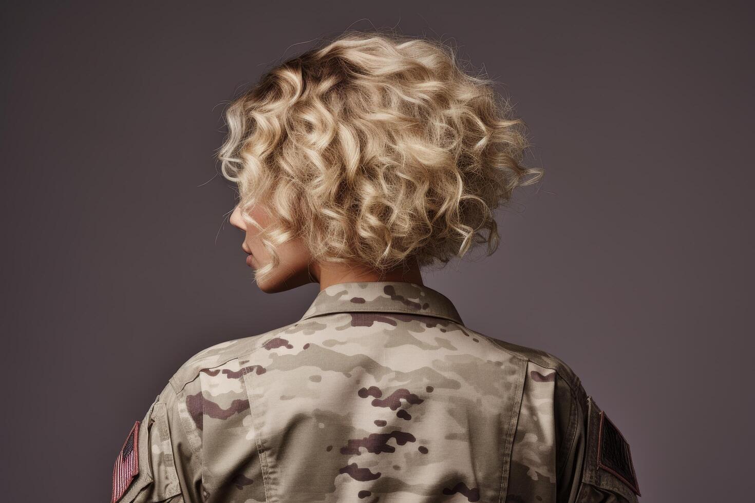 Curly haired soldier in camouflage uniform photo