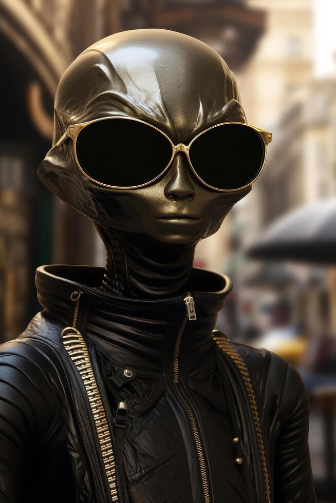futuristic mannequin wearing sunglasses and leather jacket photo
