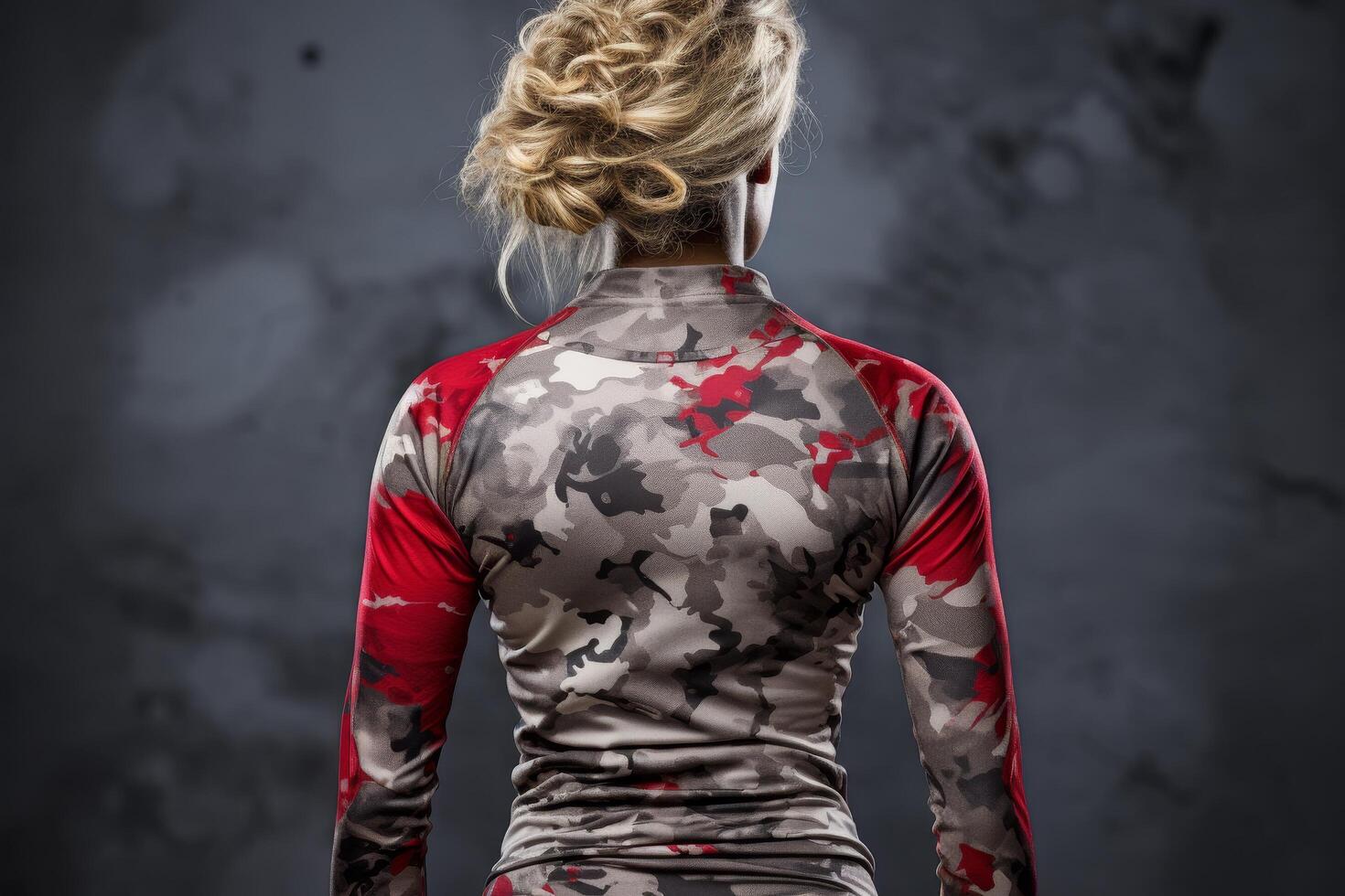 Rear view of woman with curly blonde hair wearing camouflage athletic top photo