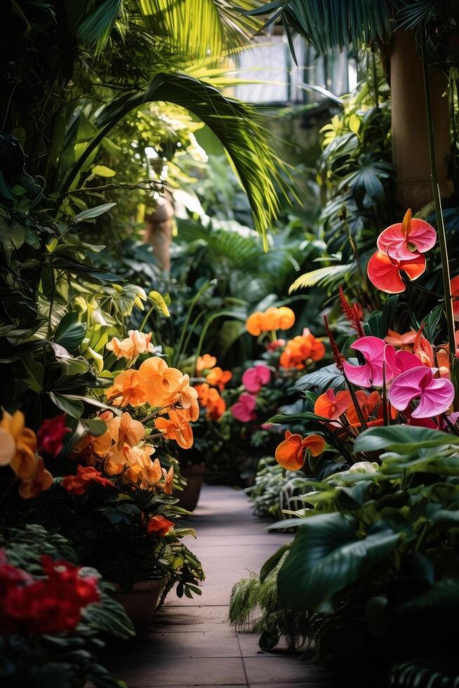 Lush tropical greenhouse with vibrant flowers photo