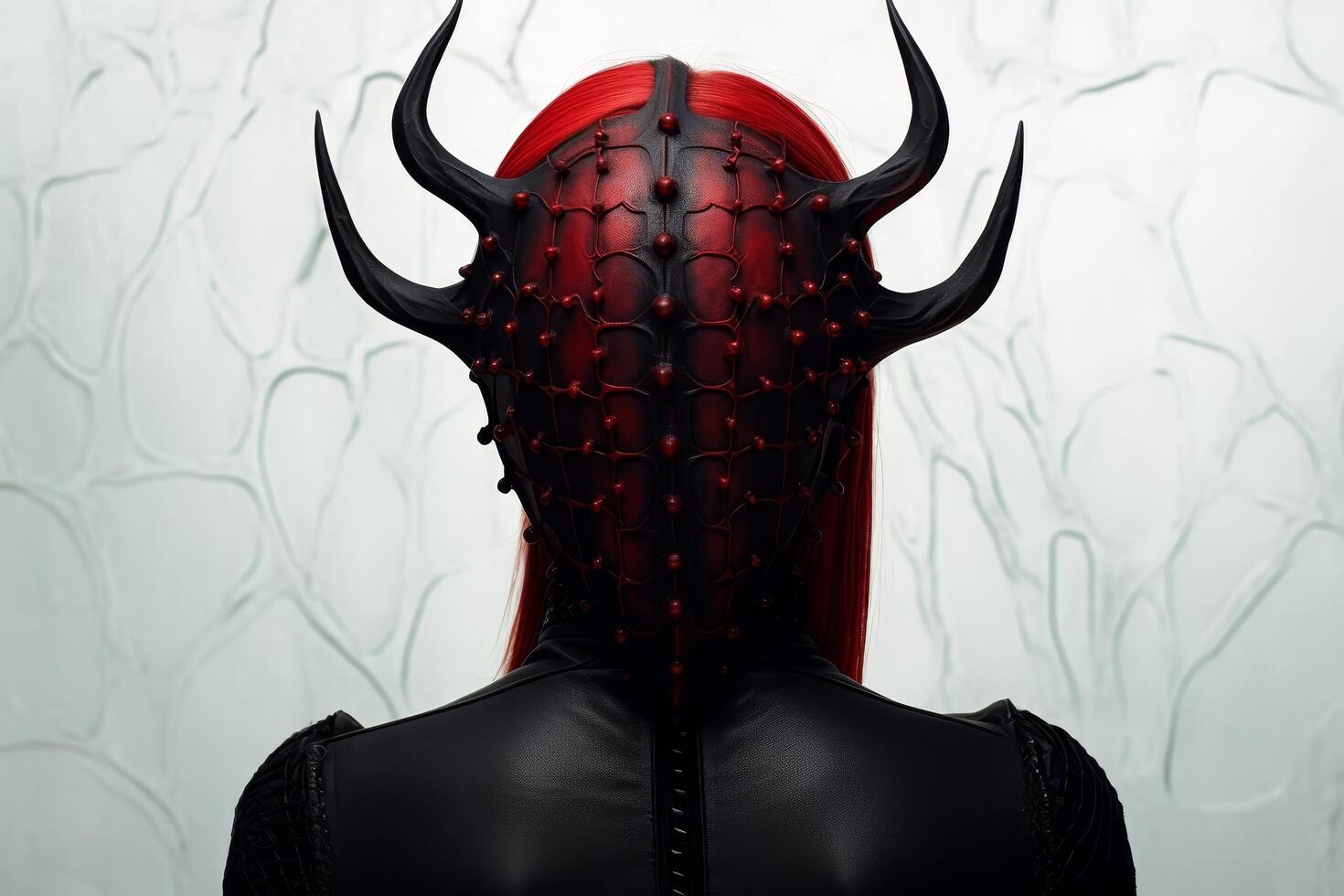 Mysterious demonic figure with horns and glowing red eyes photo