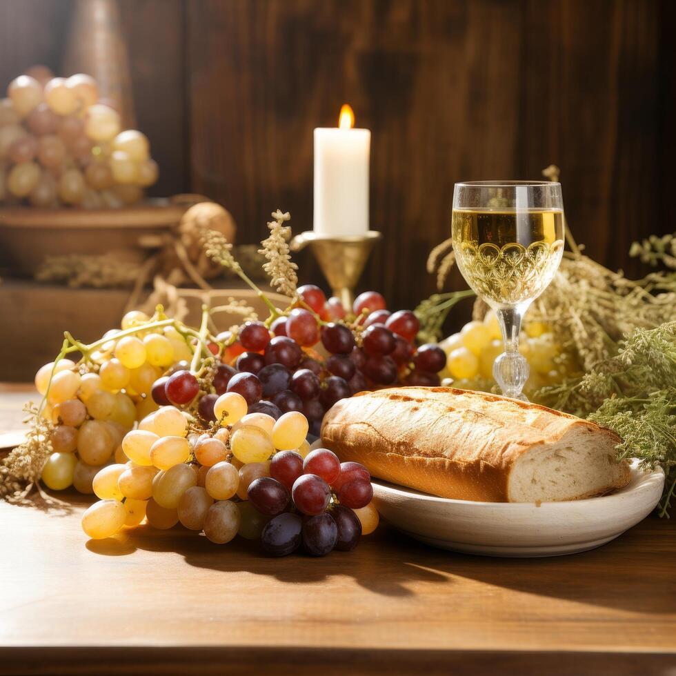 cozy autumn still life with wine, bread, and grapes photo