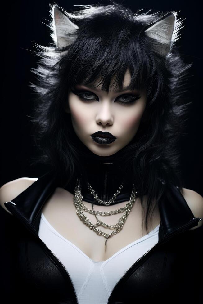 Mysterious gothic woman with dark makeup and cat like features photo