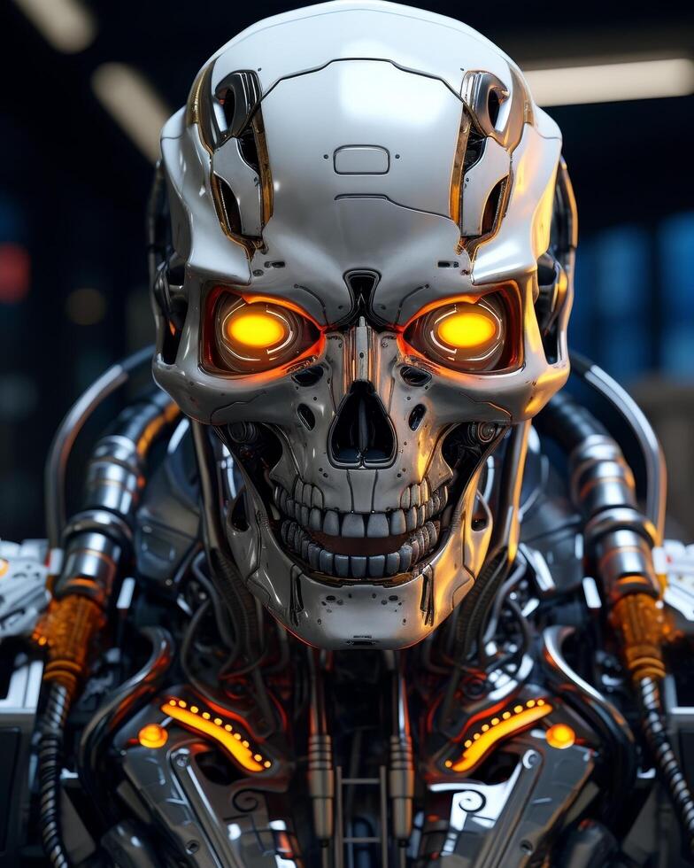 Futuristic robot skull with glowing eyes photo