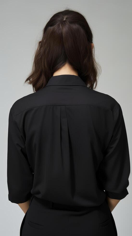 Back view of a woman in a black suit jacket photo