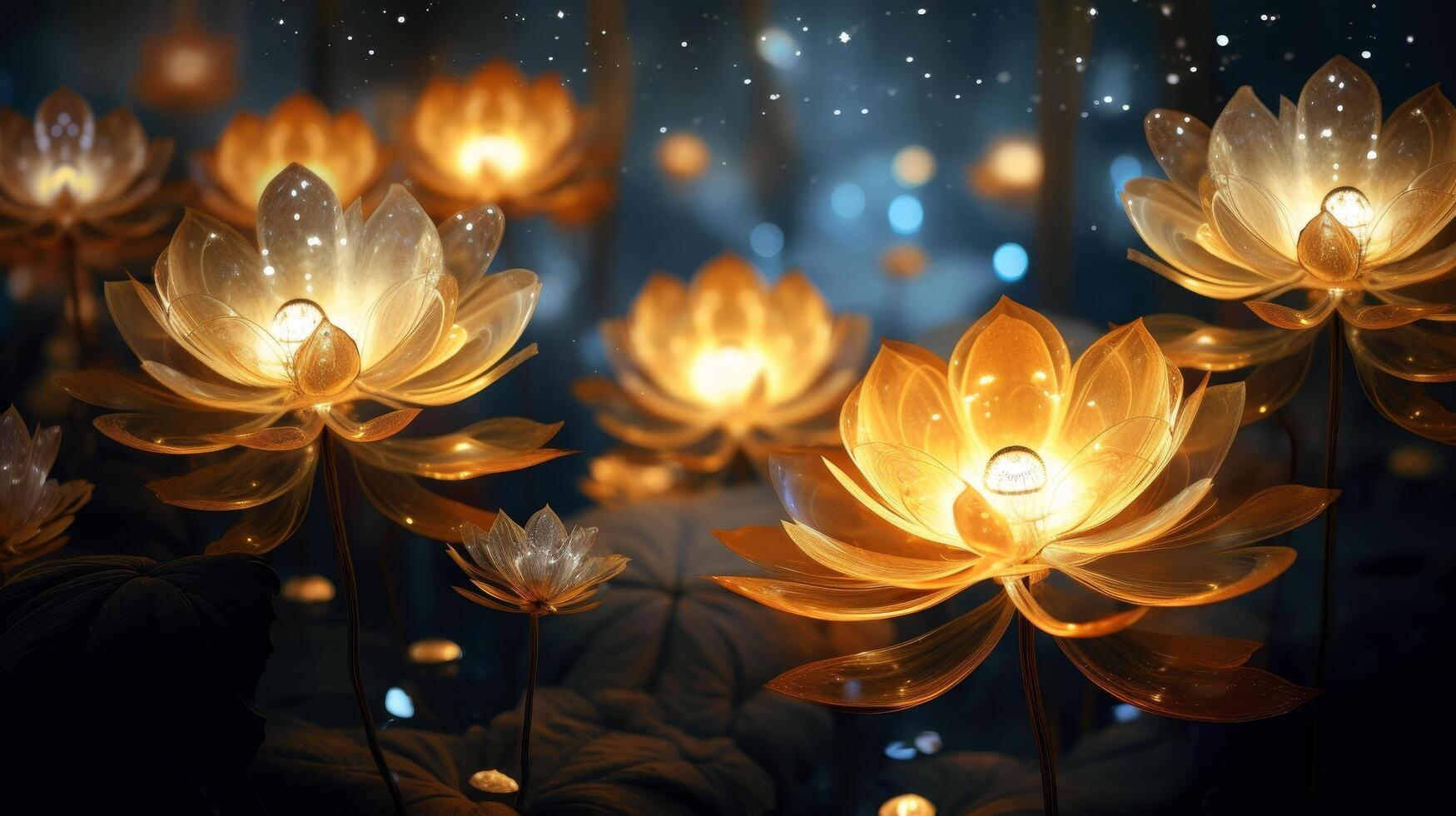 Glowing golden lotus flowers in the night photo