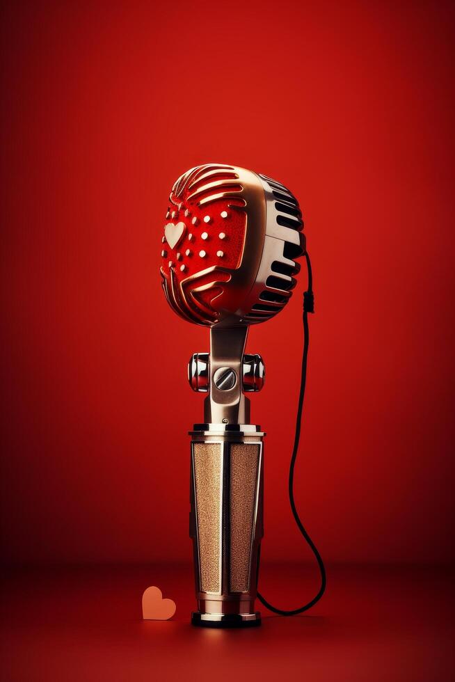 Retro microphone with polka dot design on red background photo