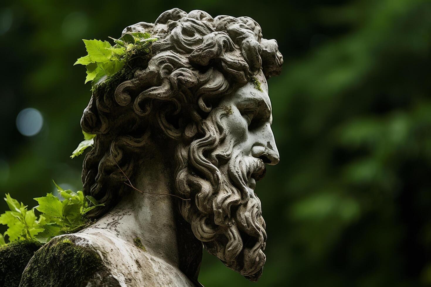 Weathered stone sculpture of a mans head with curly hair and leaves photo