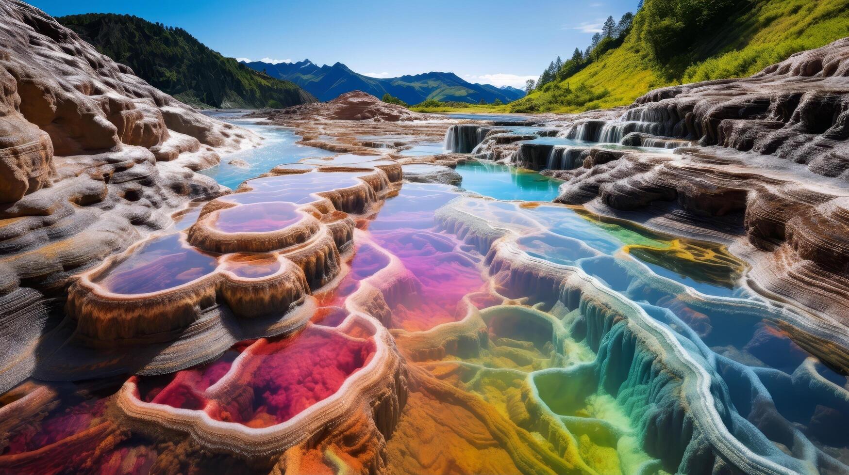 Colorful Cascading Waterfalls and Pools in Mountainous Landscape photo