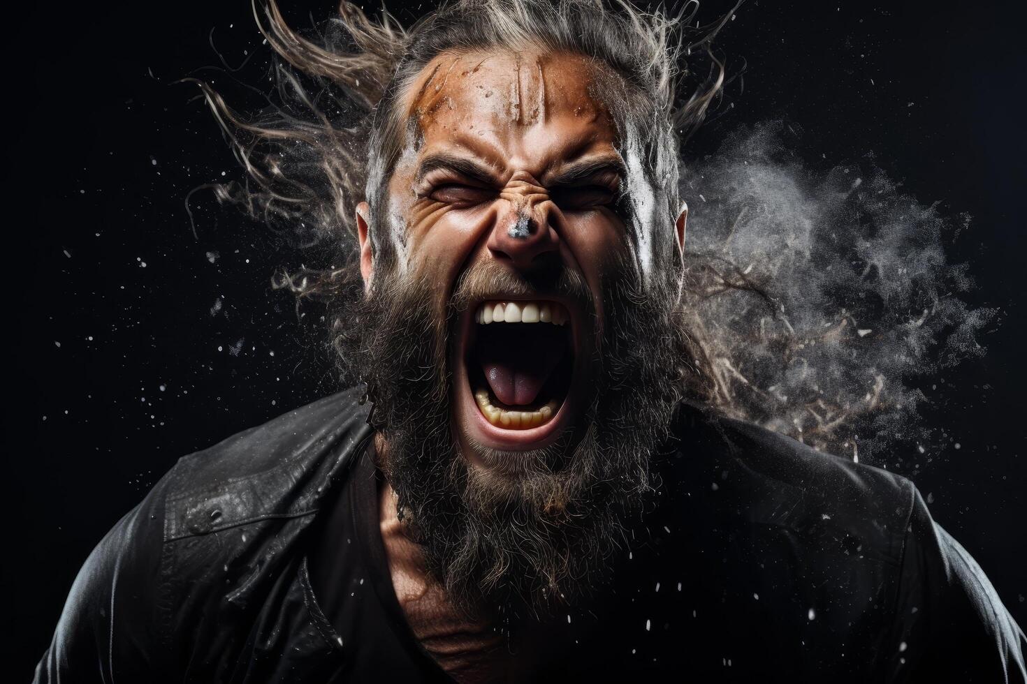 Intense bearded man screaming in anger photo