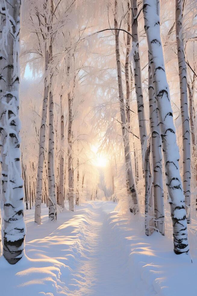 Serene winter wonderland with snow covered birch trees photo