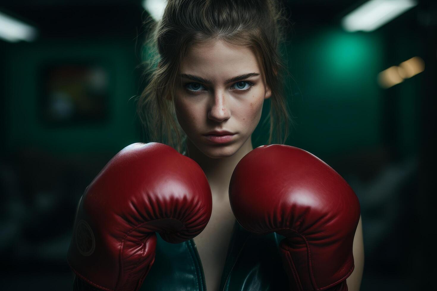 Determined female boxer with intense expression photo
