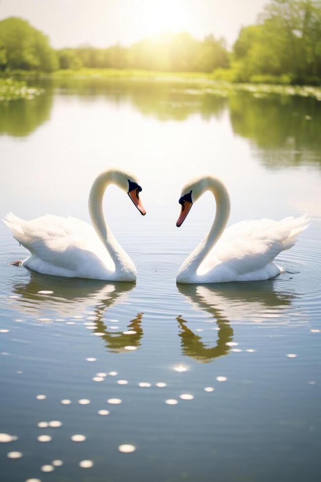 Serene swan couple on tranquil lake photo