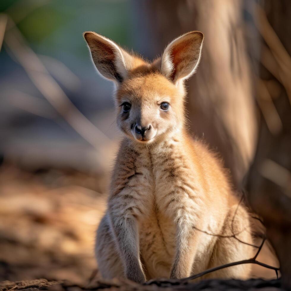 Curious young kangaroo peeking out from behind a tree photo