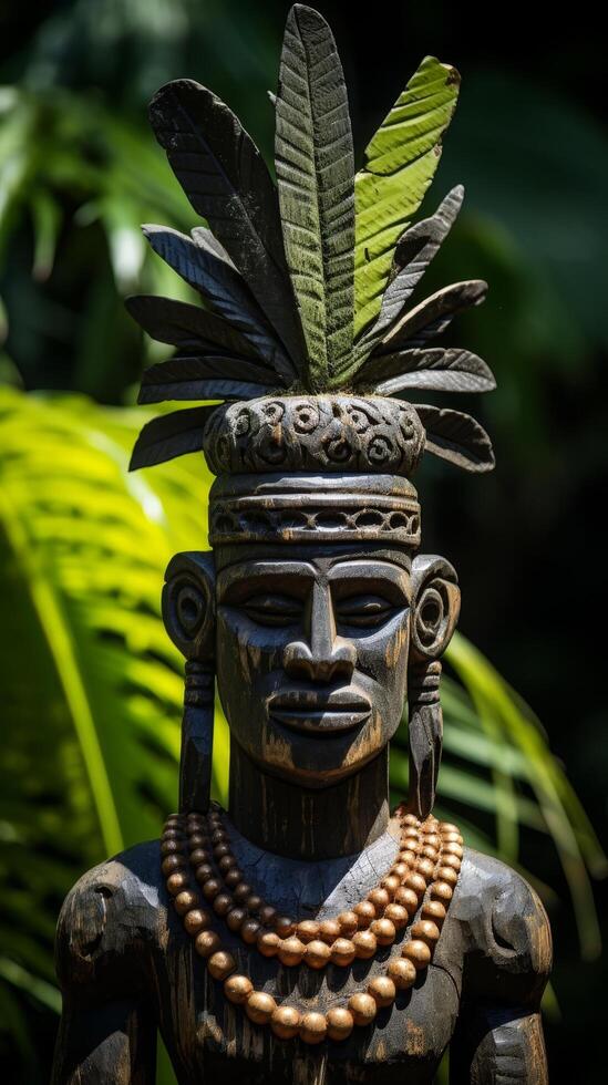 Ornate tribal wooden statue with feathers photo