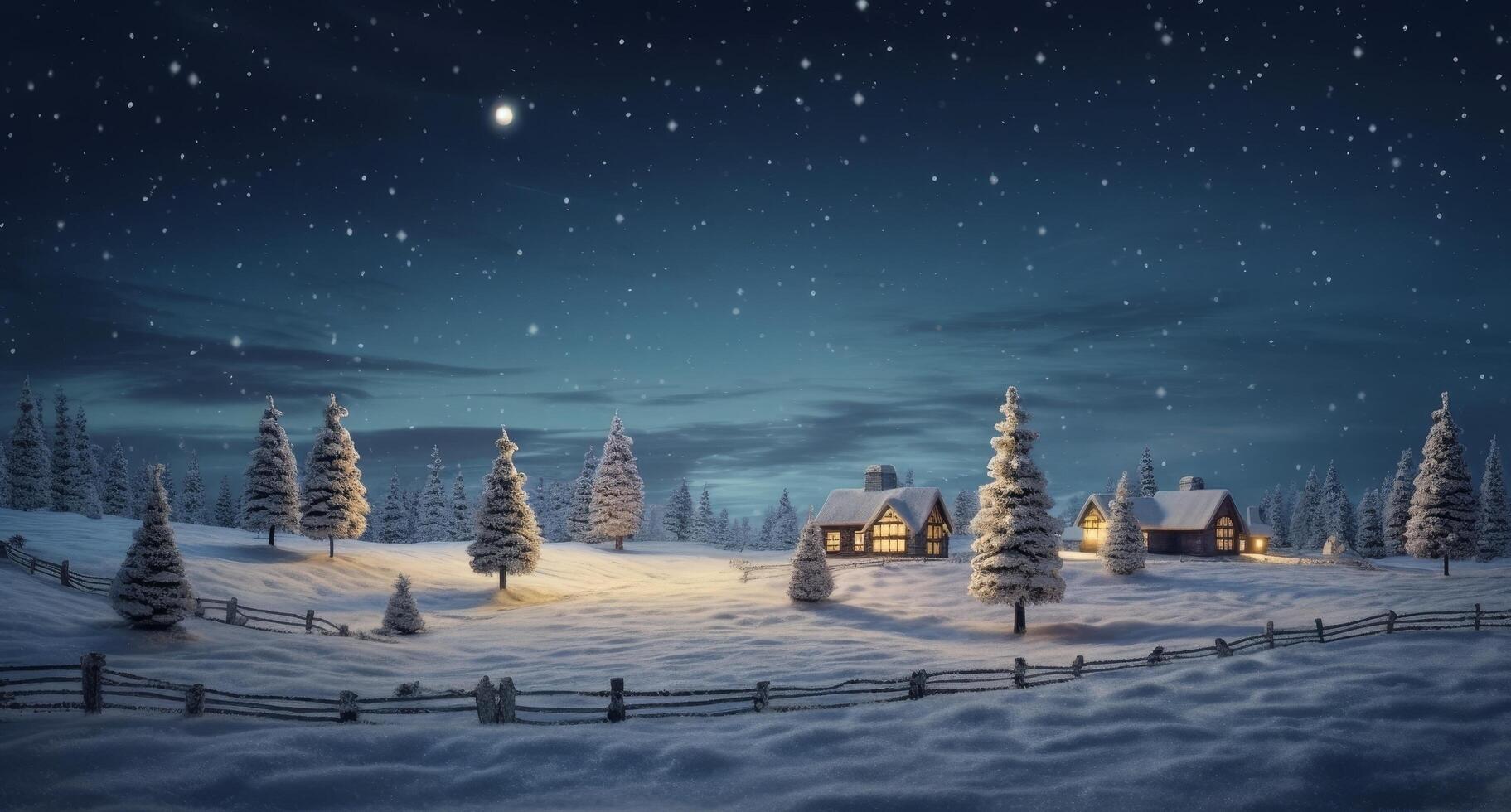 Snowy winter landscape with illuminated cottages and pine trees photo