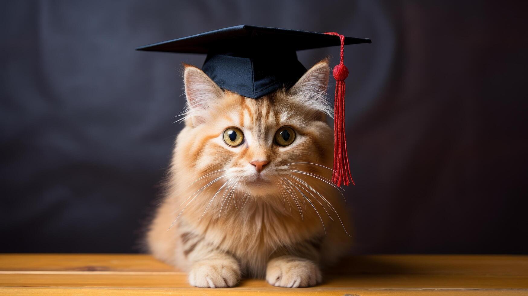 Furry graduate cat wearing graduation cap photo