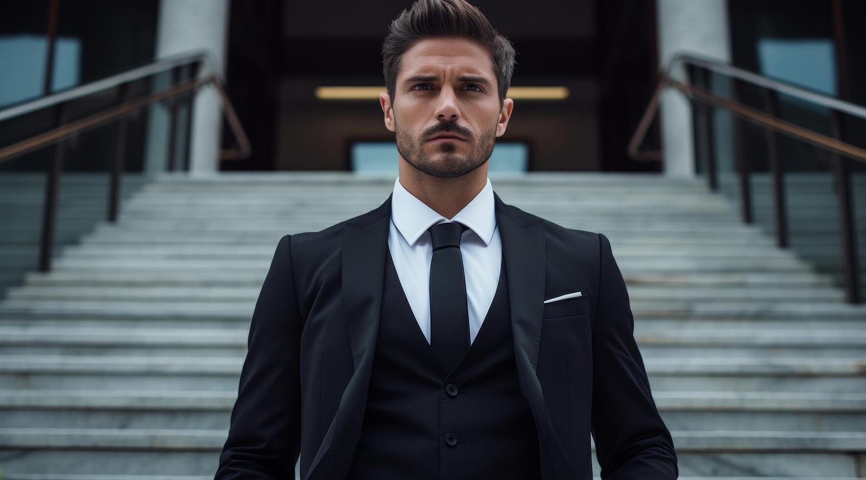 confident businessman standing on steps photo