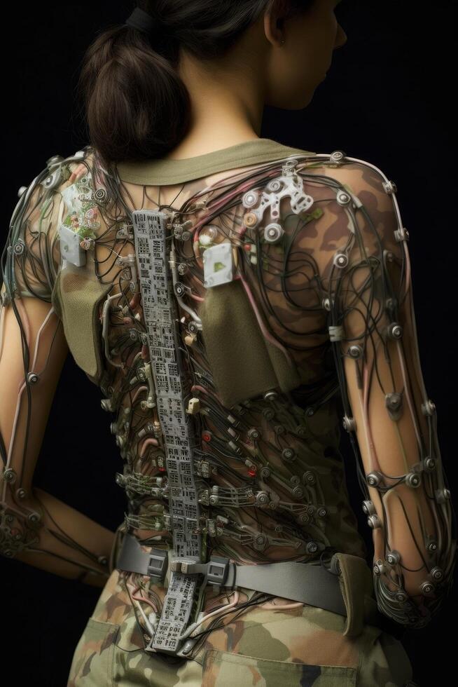 Futuristic military camouflage uniform with advanced technology photo