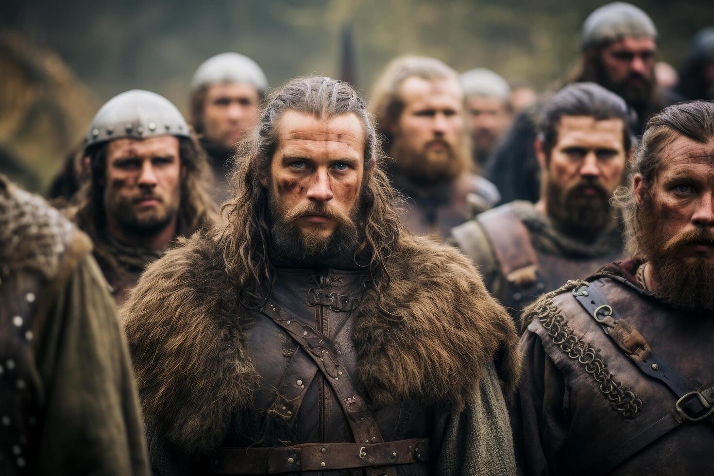 Rugged medieval warriors in furs and armor photo