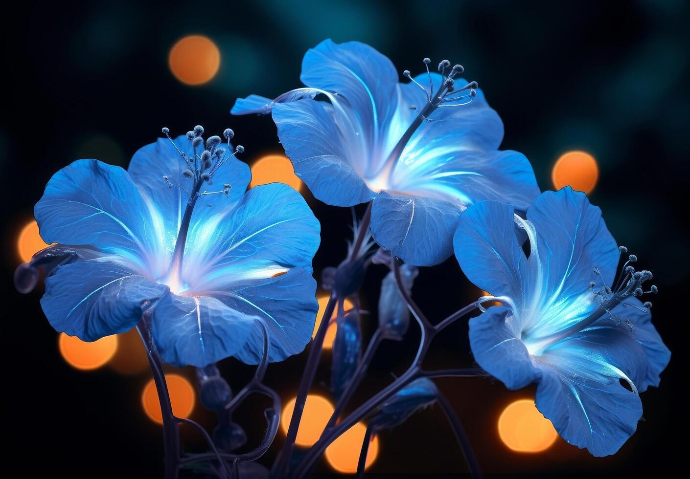 Vibrant blue hibiscus flowers in the night photo