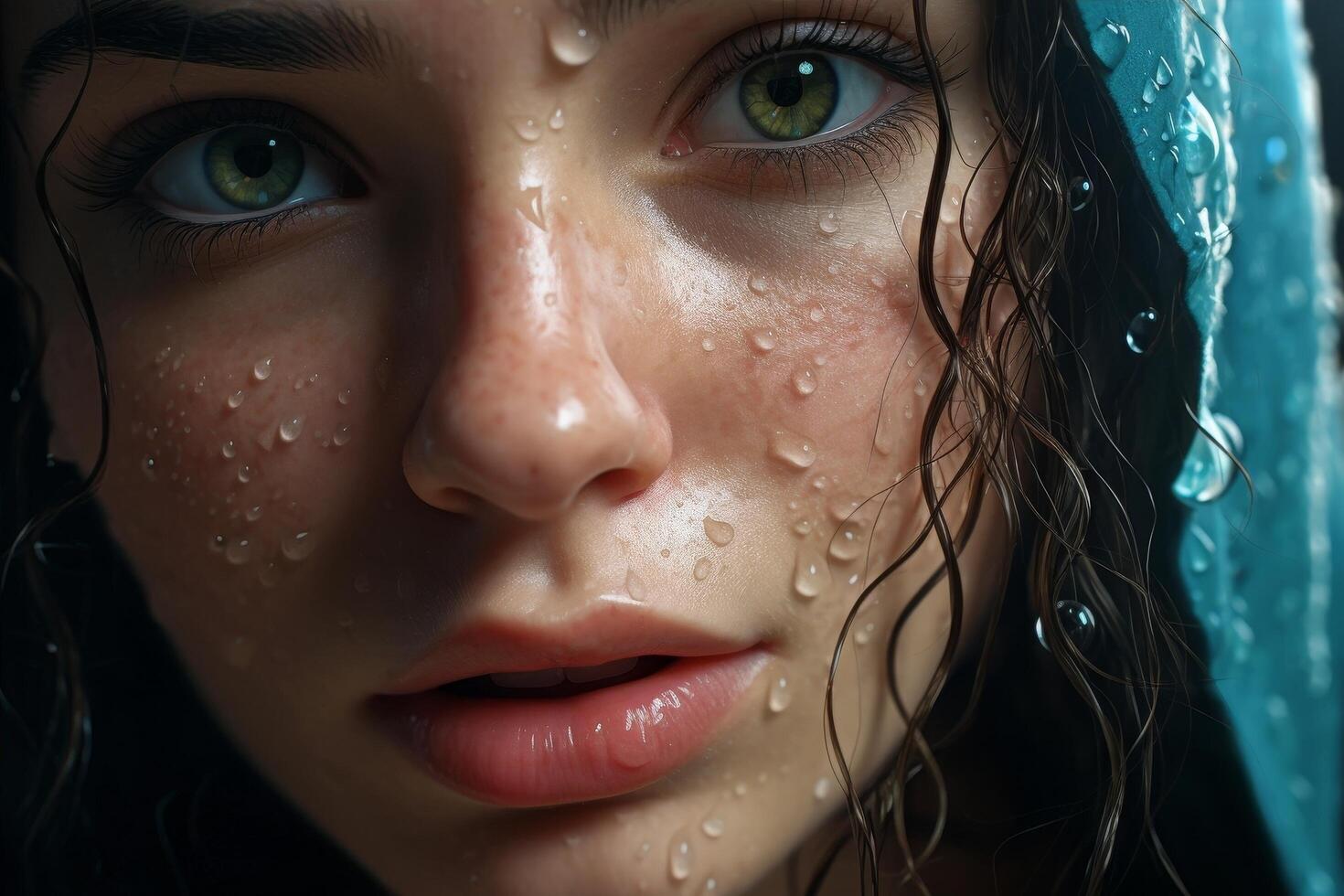 Closeup of a womans face with raindrops photo