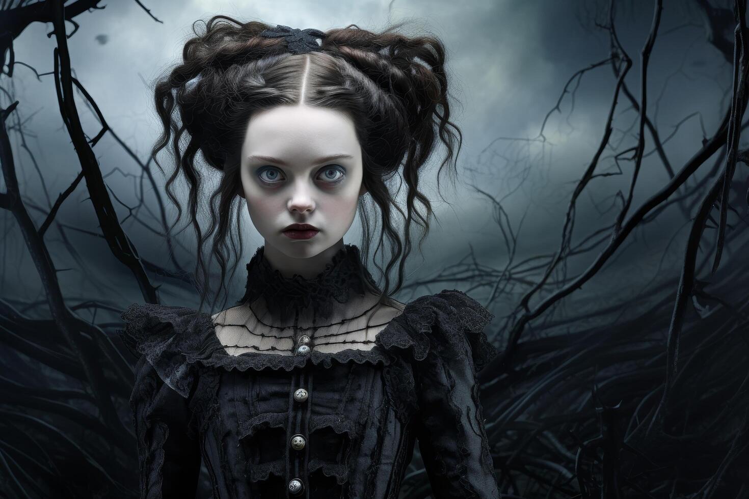 Mysterious gothic woman in dark forest photo