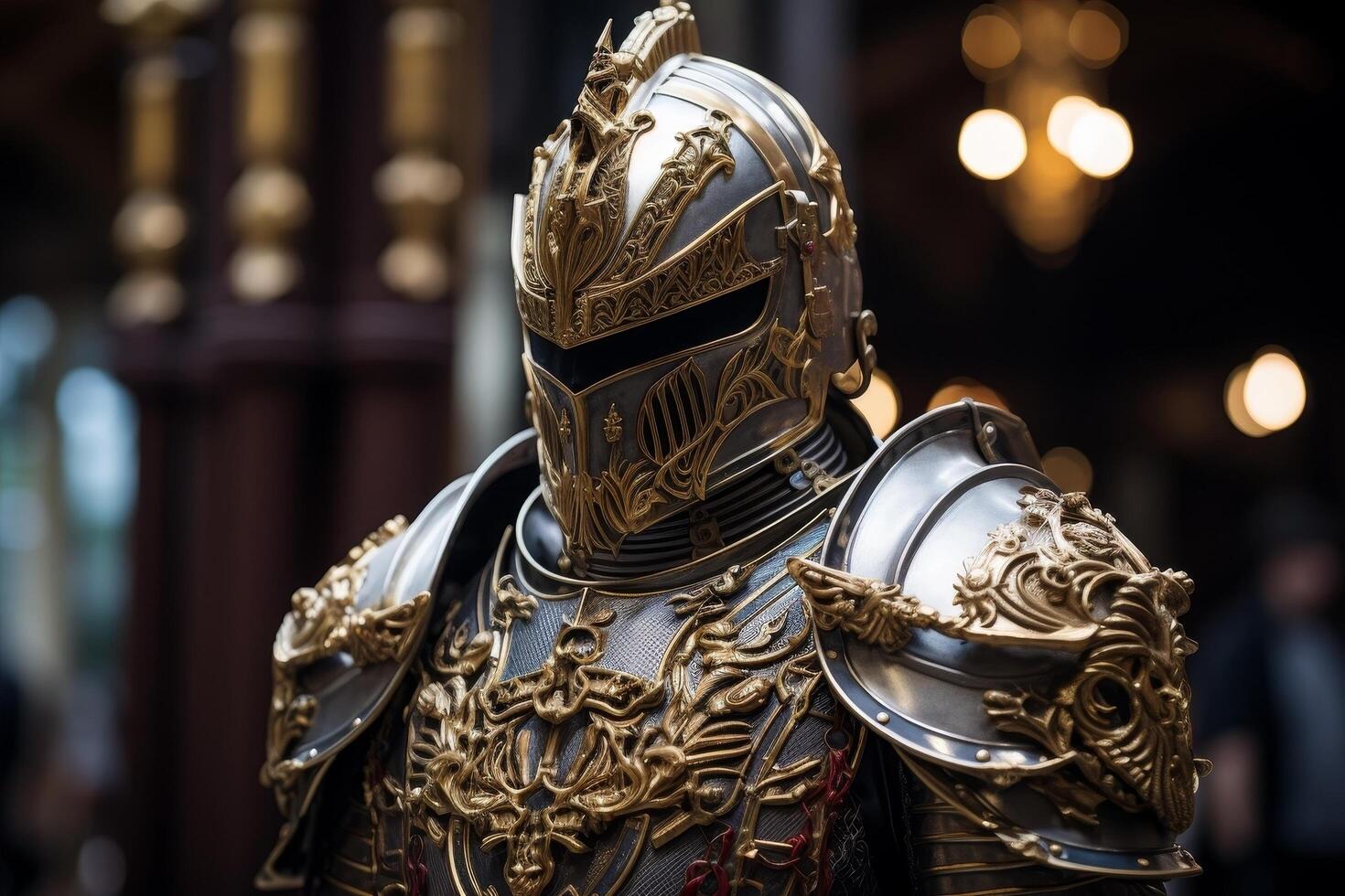 Ornate medieval knight armor with intricate golden designs photo