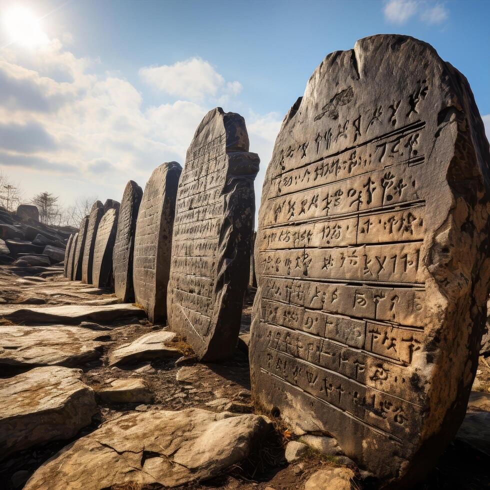 ancient stone tablets with carved inscriptions photo