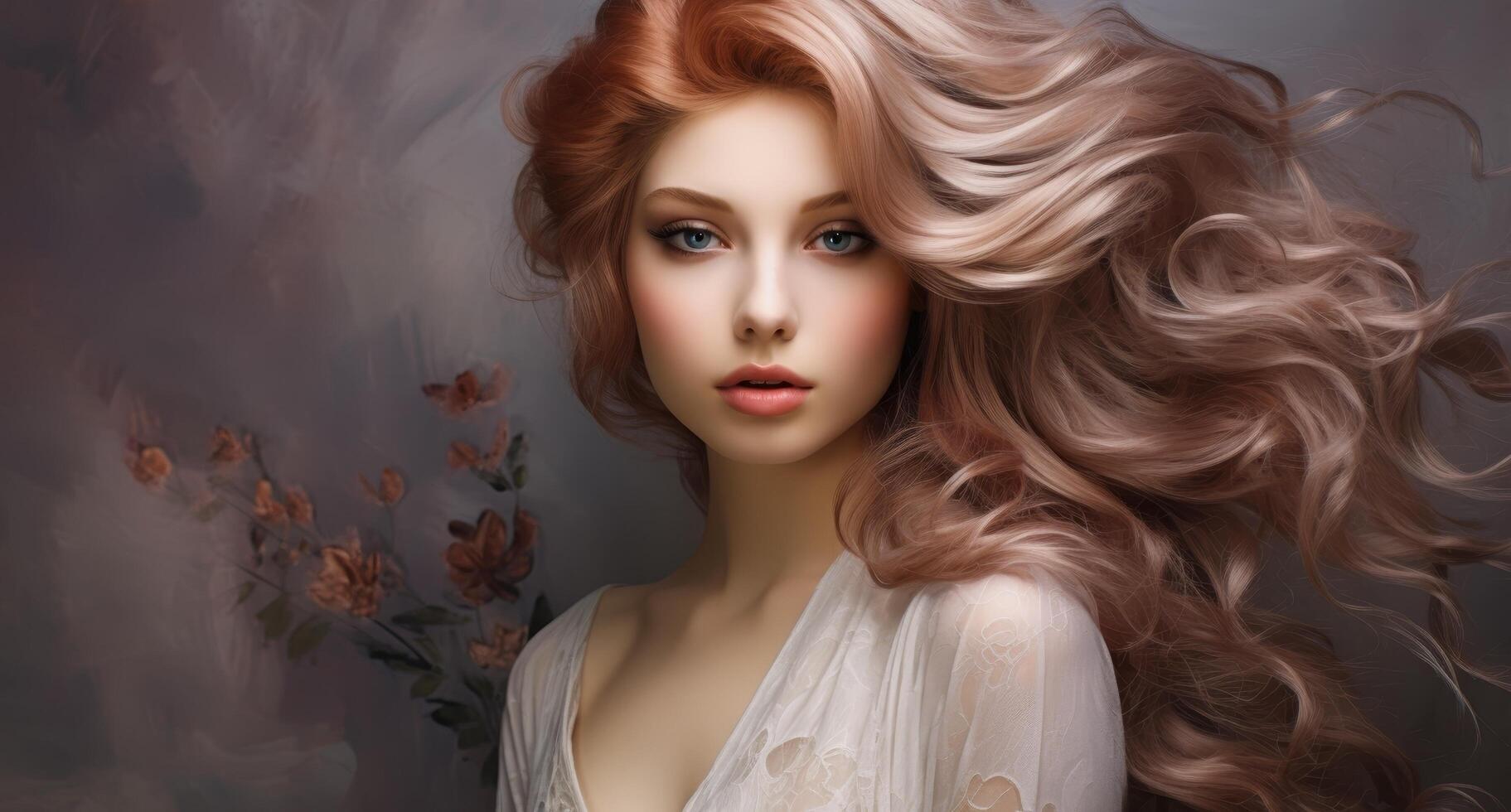 Glamorous woman with flowing hair and makeup photo