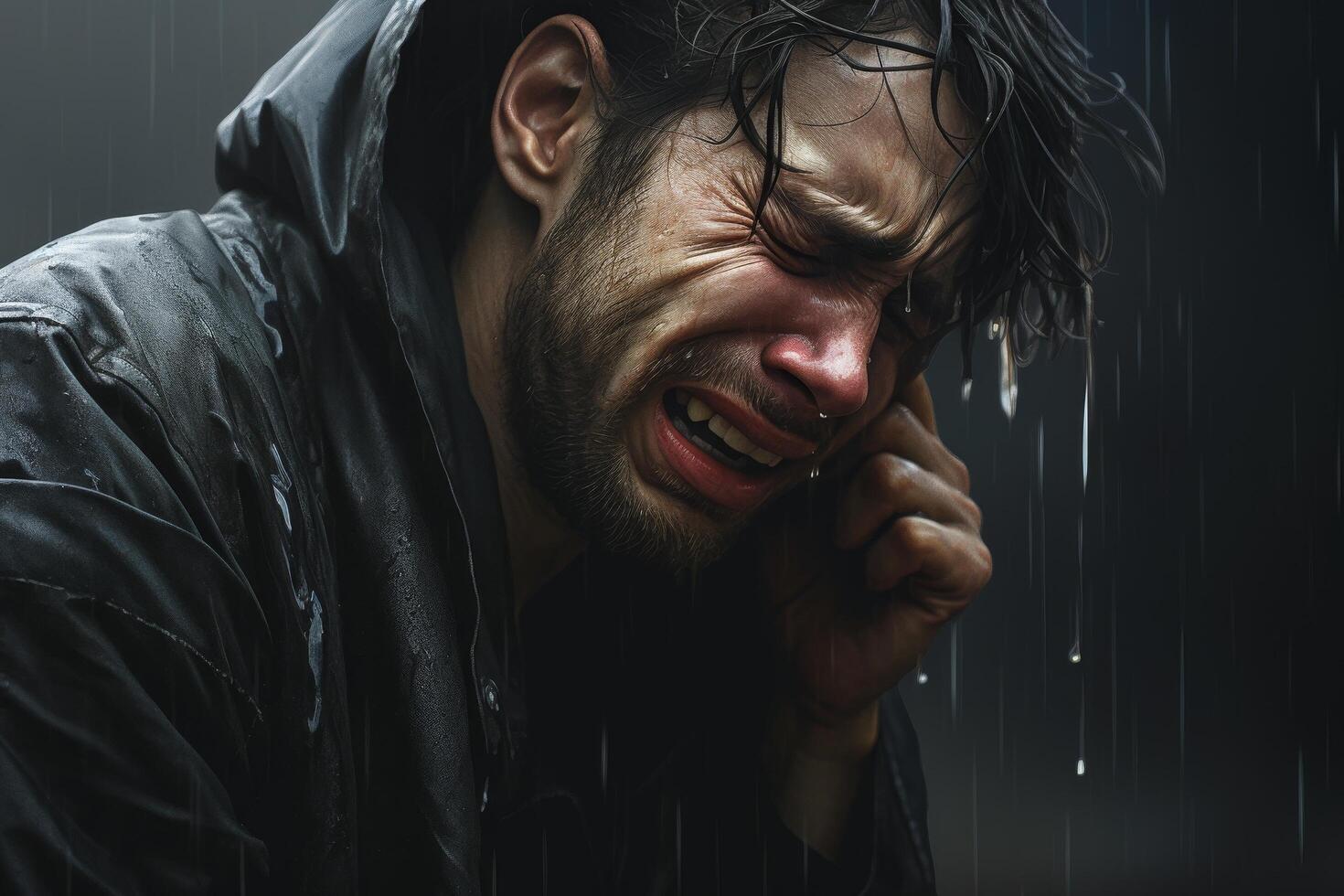 Distressed man crying in the rain photo