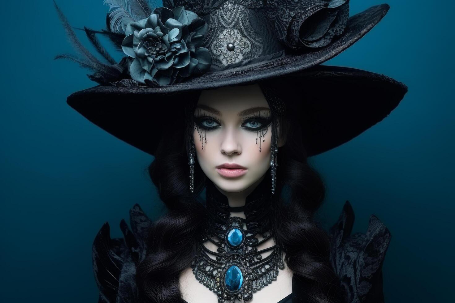 Mysterious woman in dark gothic attire photo