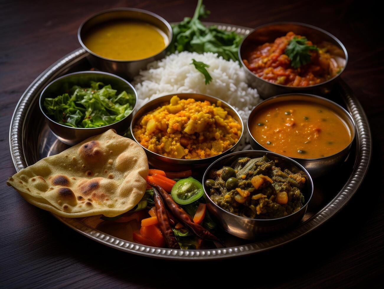Assortment of traditional indian dishes on a plate photo