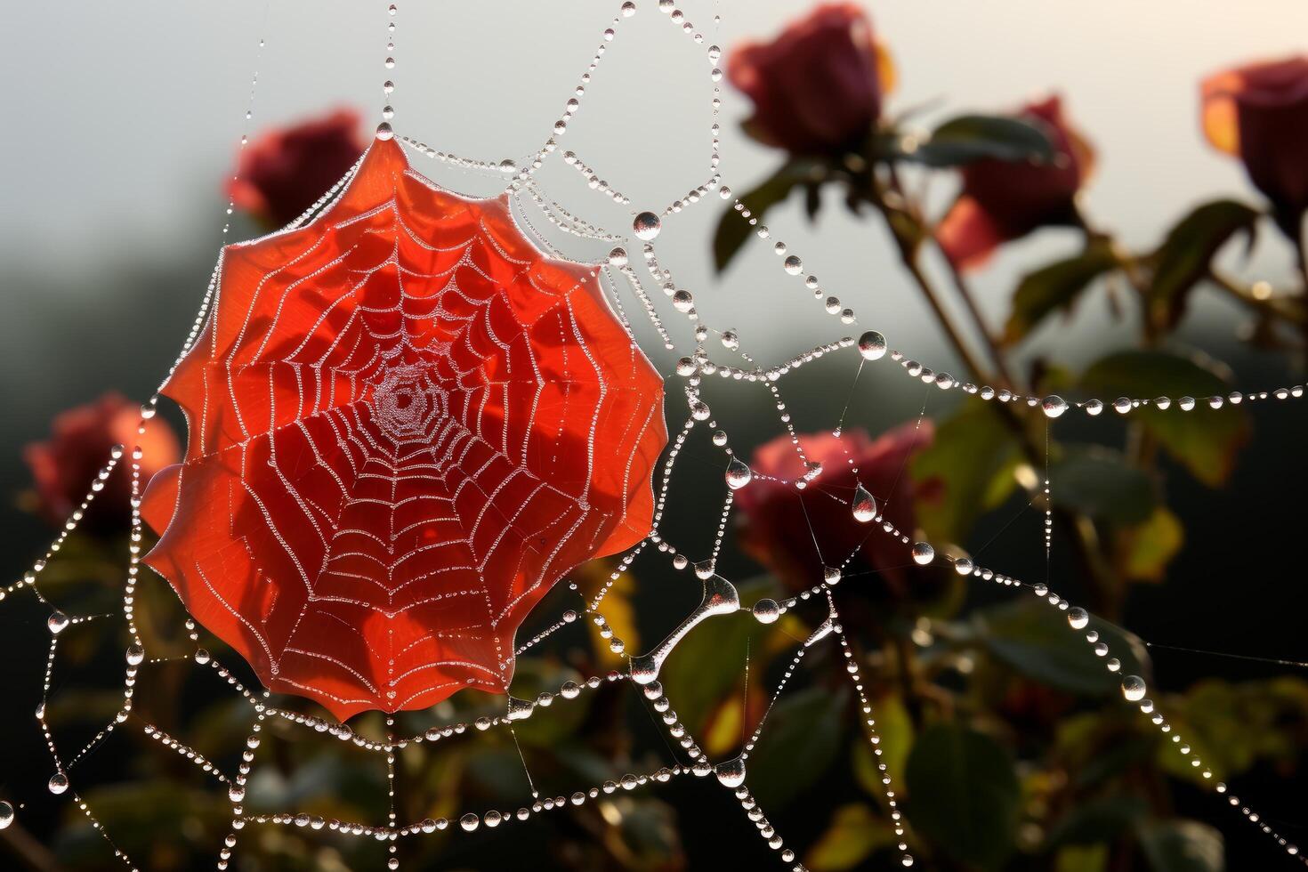 Dew covered spider web with red roses photo