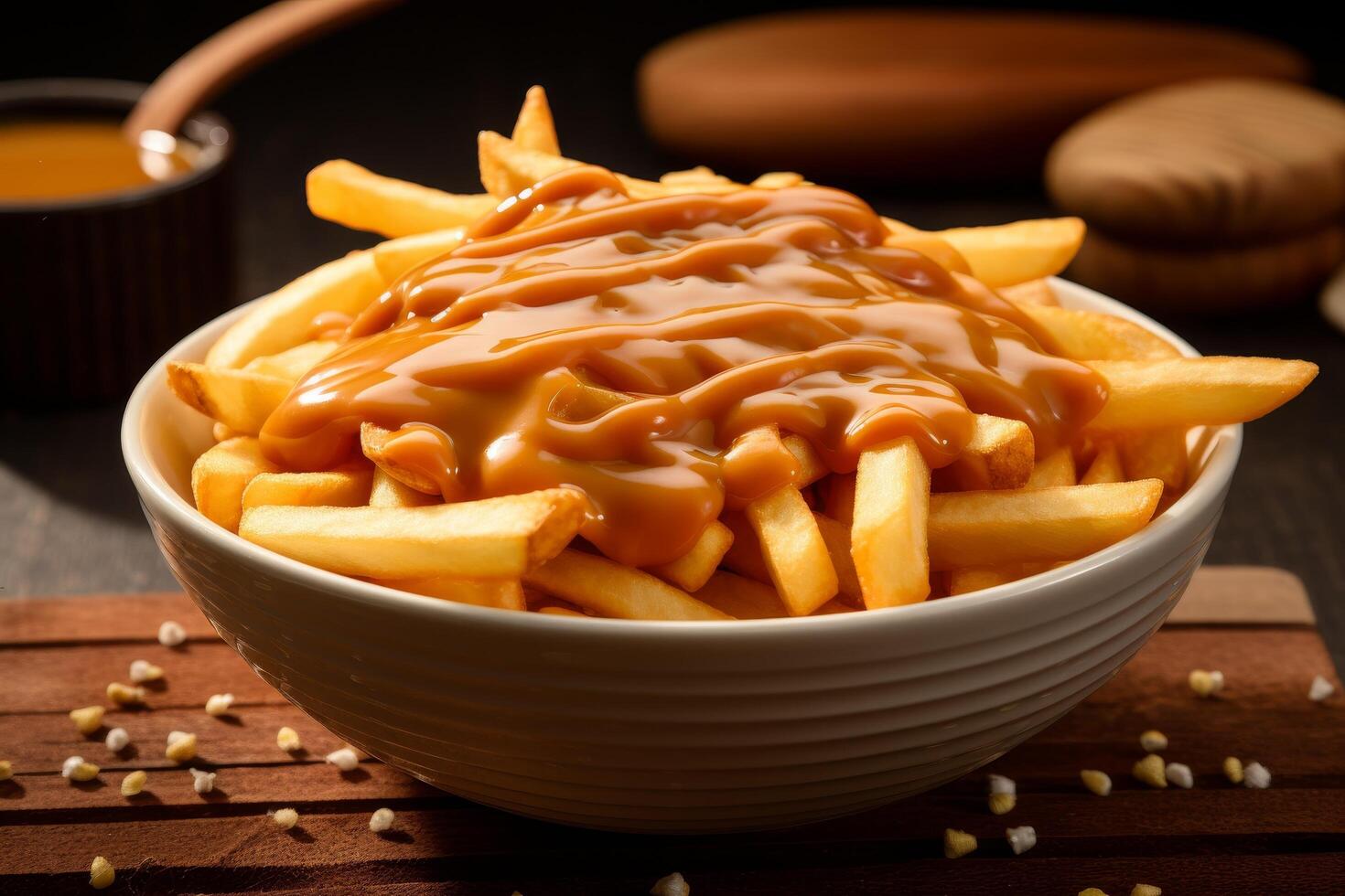 Delicious cheesy french fries in a bowl photo