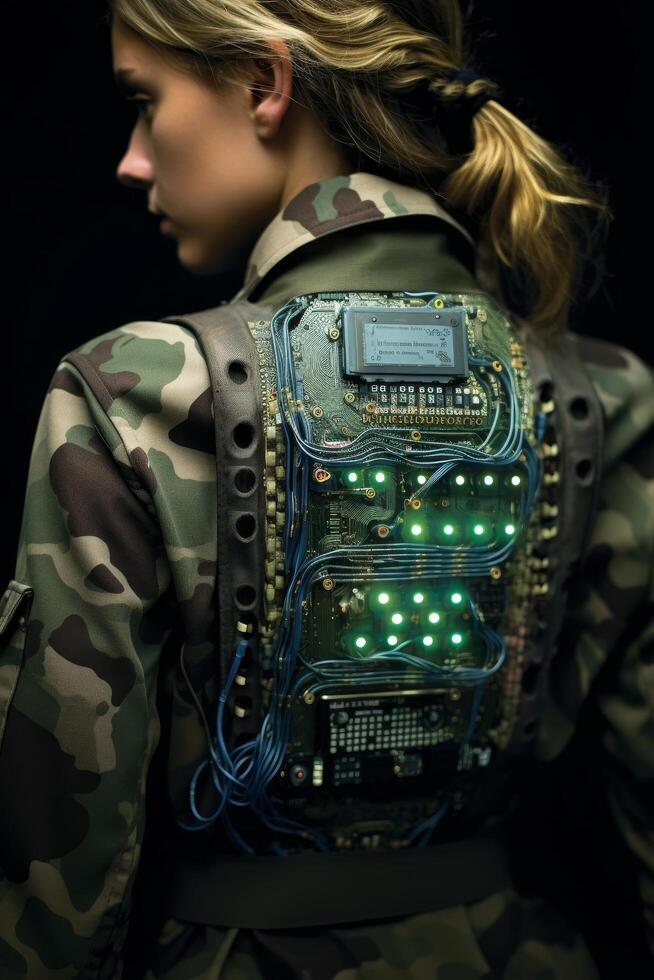 Soldier wearing high tech camouflage uniform with integrated electronics photo