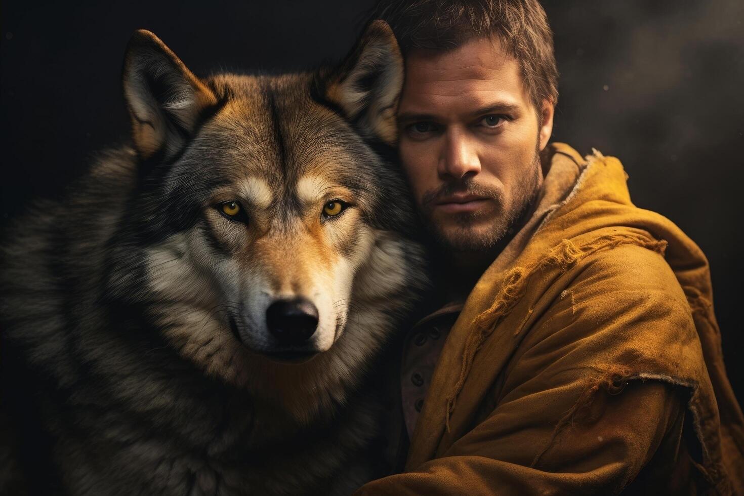 Man and wolf in a dark, moody setting photo