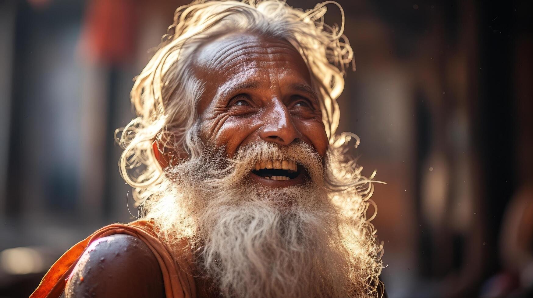 Smiling elderly man with long white beard and curly hair photo