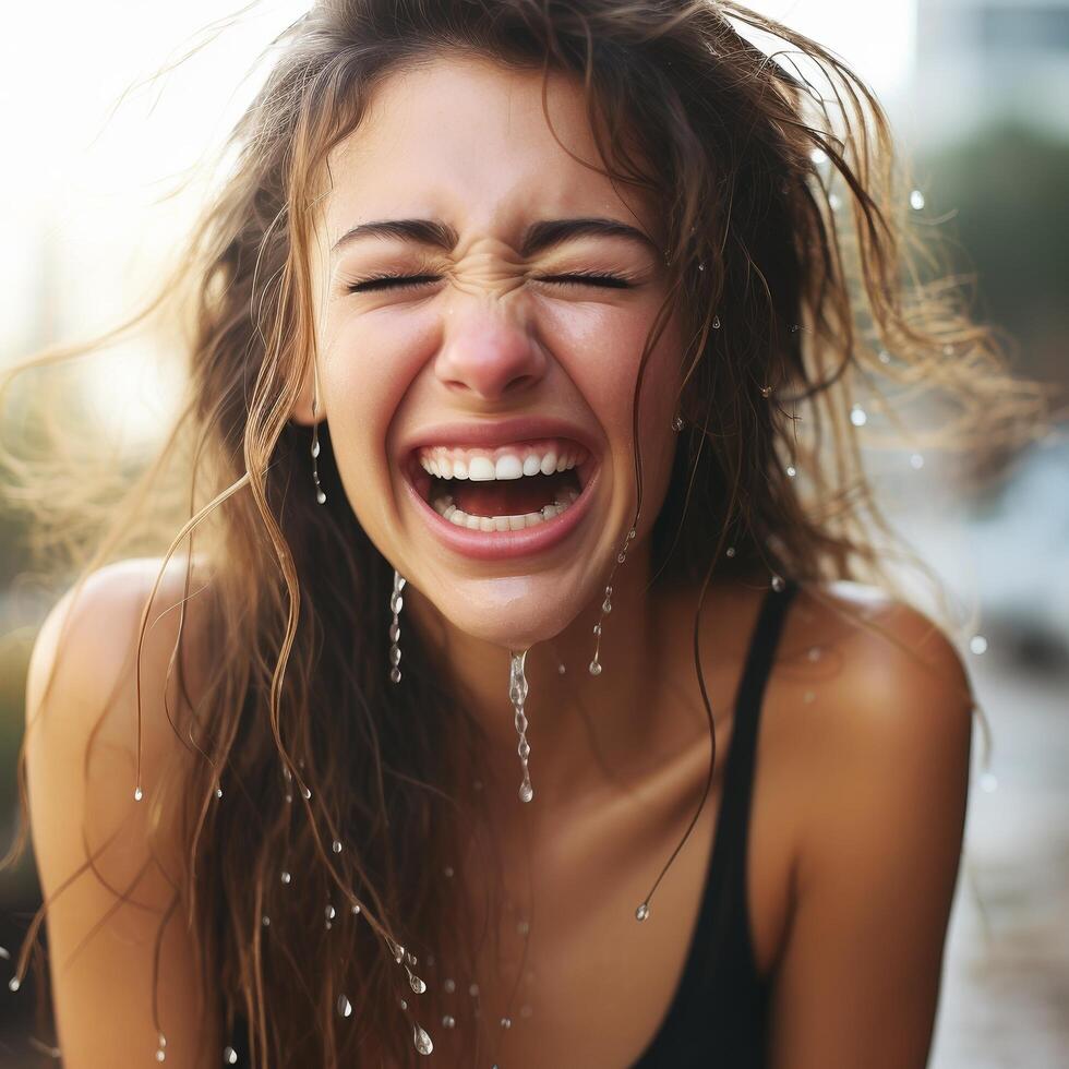 Joyful woman laughing in the rain photo