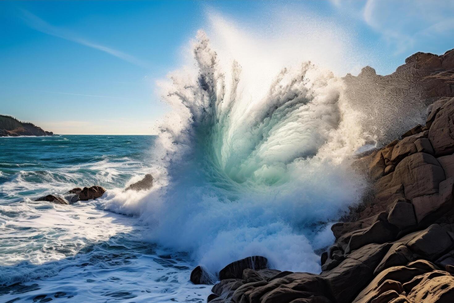 Powerful ocean wave crashing against rocky coastline photo